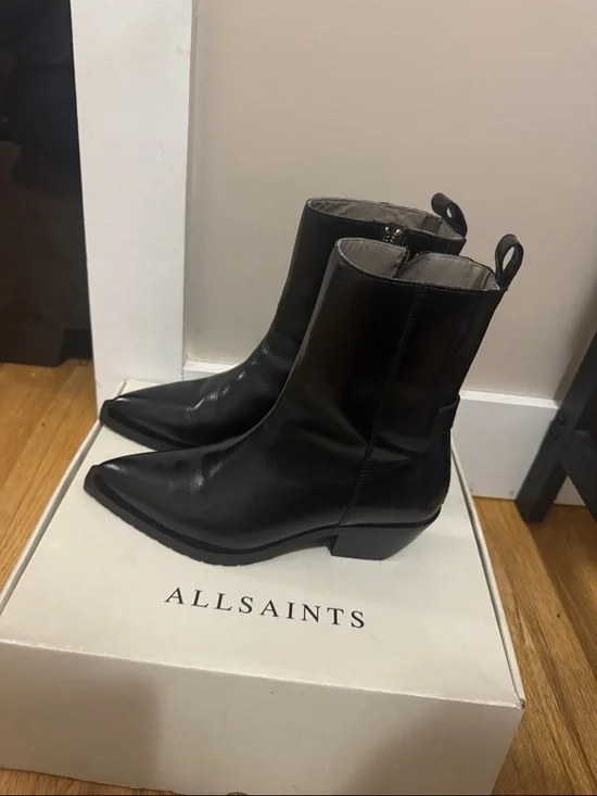 AllSaints Black Pointed Leather Zip Mid-Calf Boots - Picture 2 of 4